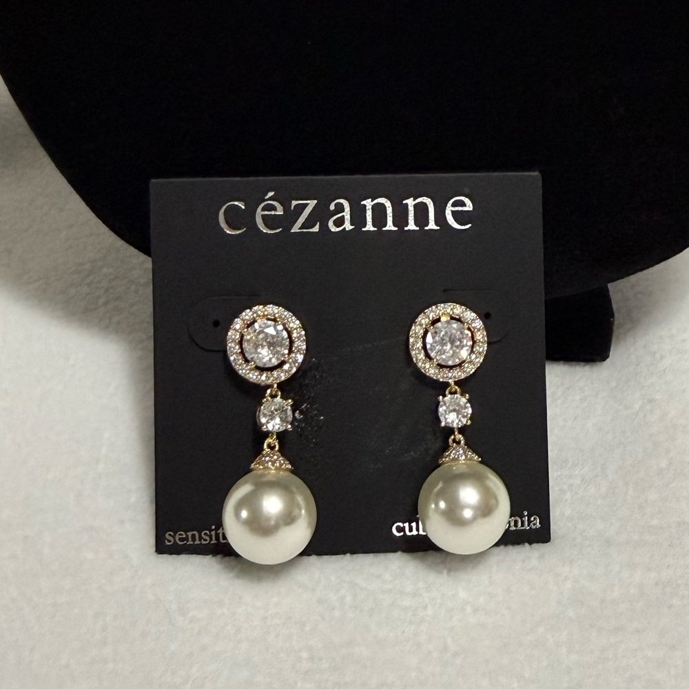 Cézanne Crystal CZ Pave Short Linear Pearl Drop Gold Post Earrings NWT